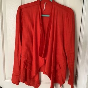 FREE PEOPLE  SMALL RED CASCADE FRONT  JACKET LINEN BLEND RAW DETAILS  PO…
